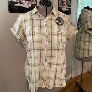 Harley S/S Women’s Woven,Swirl/Skull Plaid Shirt 2X